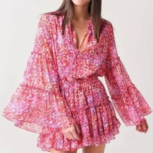 Misa Los Angeles New with Tags Leeva Mini Floral Long Sleeve Chiffon Dress Sz M - Picture 7 of 8